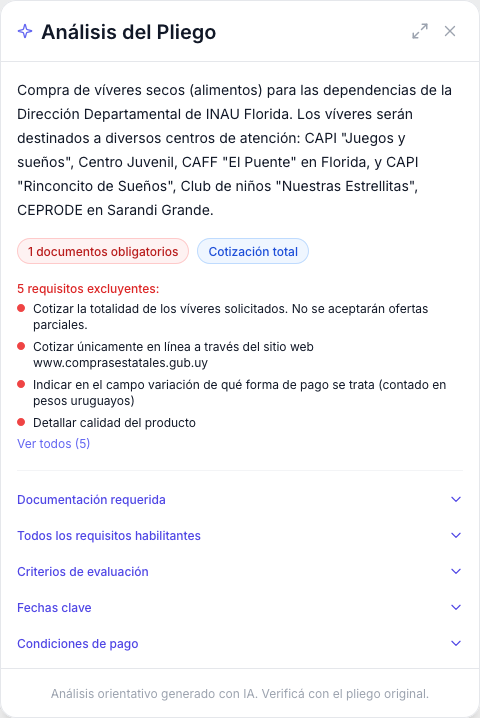 Análisis de pliego con IA — extrae requisitos, documentación y garantías automáticamente
