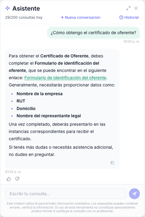 Asistente de IA respondiendo preguntas sobre documentos y normativa