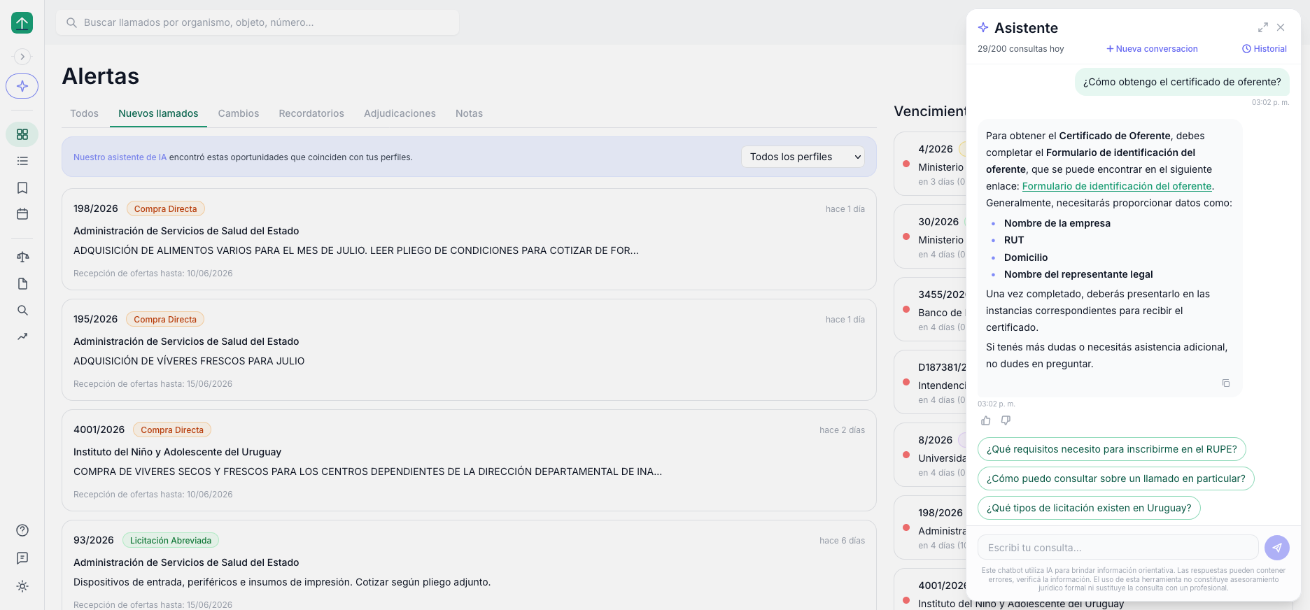 Vista principal de ProveedorUY — alertas de licitaciones con monitoreo inteligente